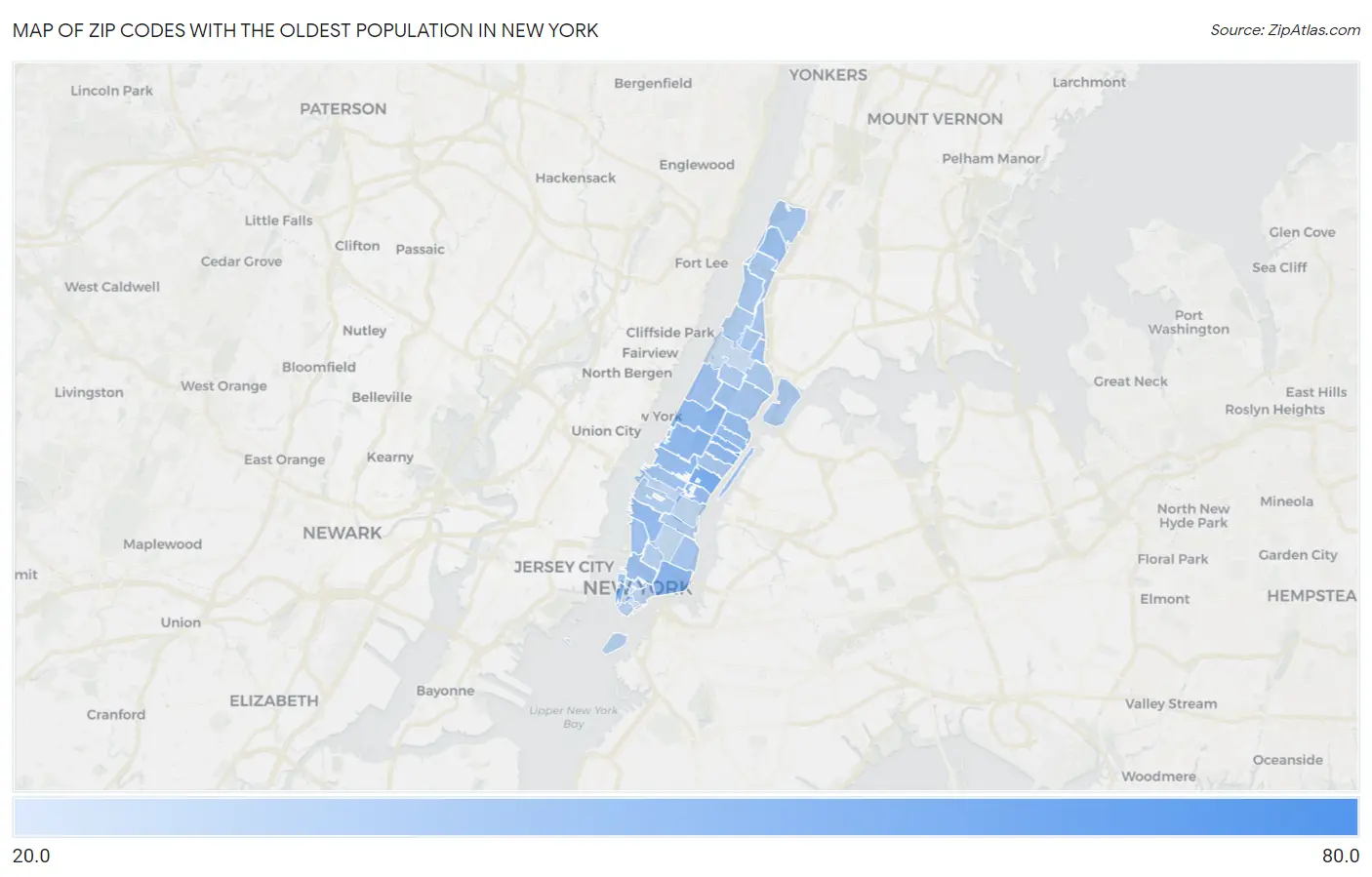 Zip Codes with the Oldest Population in New York Map