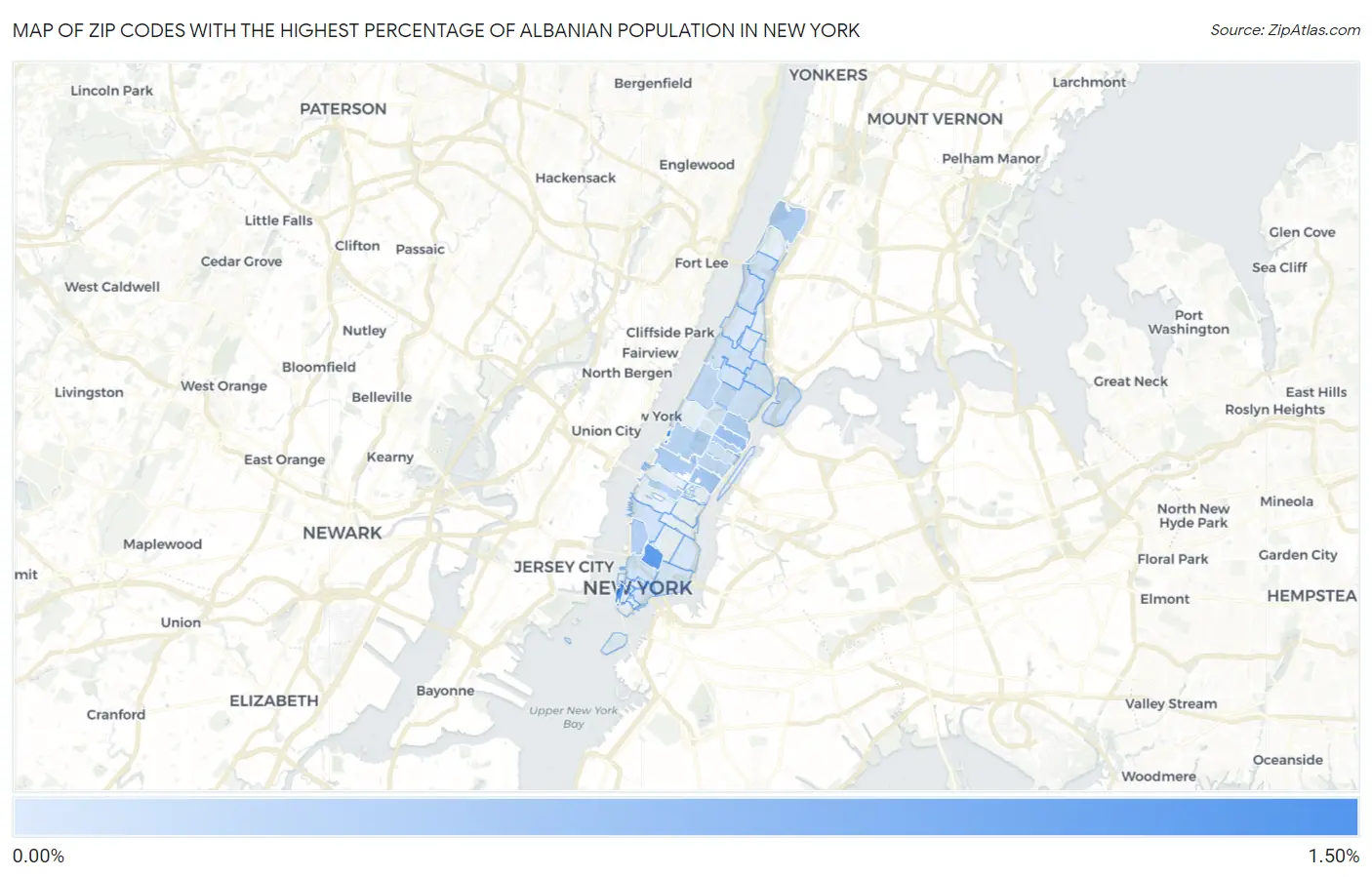 Zip Codes with the Highest Percentage of Albanian Population in New York Map