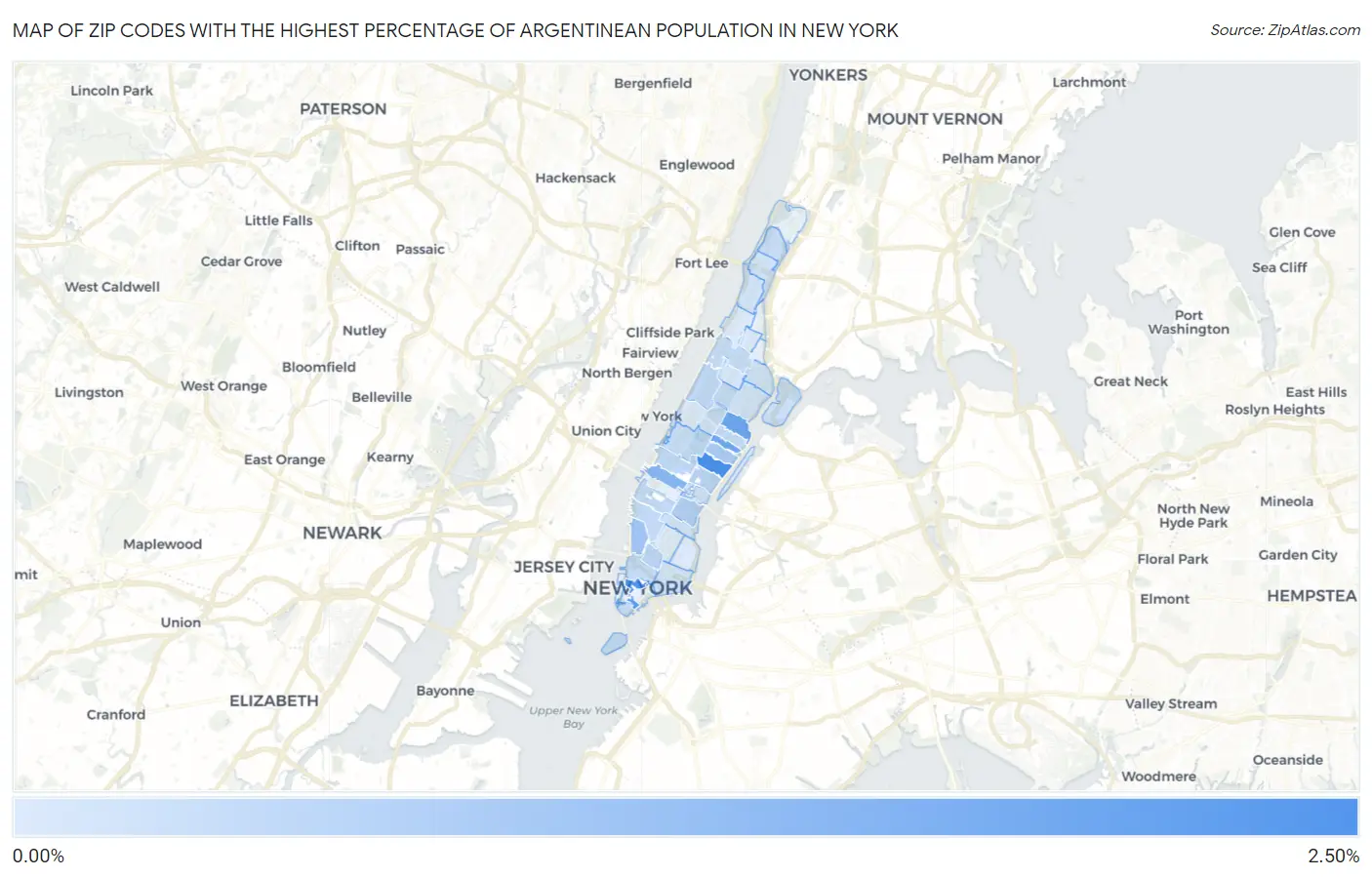 Zip Codes with the Highest Percentage of Argentinean Population in New York Map