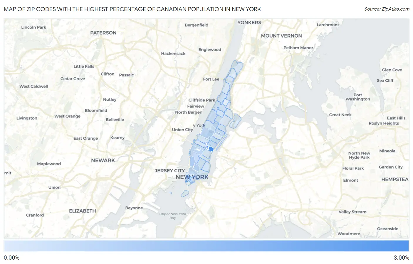 Zip Codes with the Highest Percentage of Canadian Population in New York Map