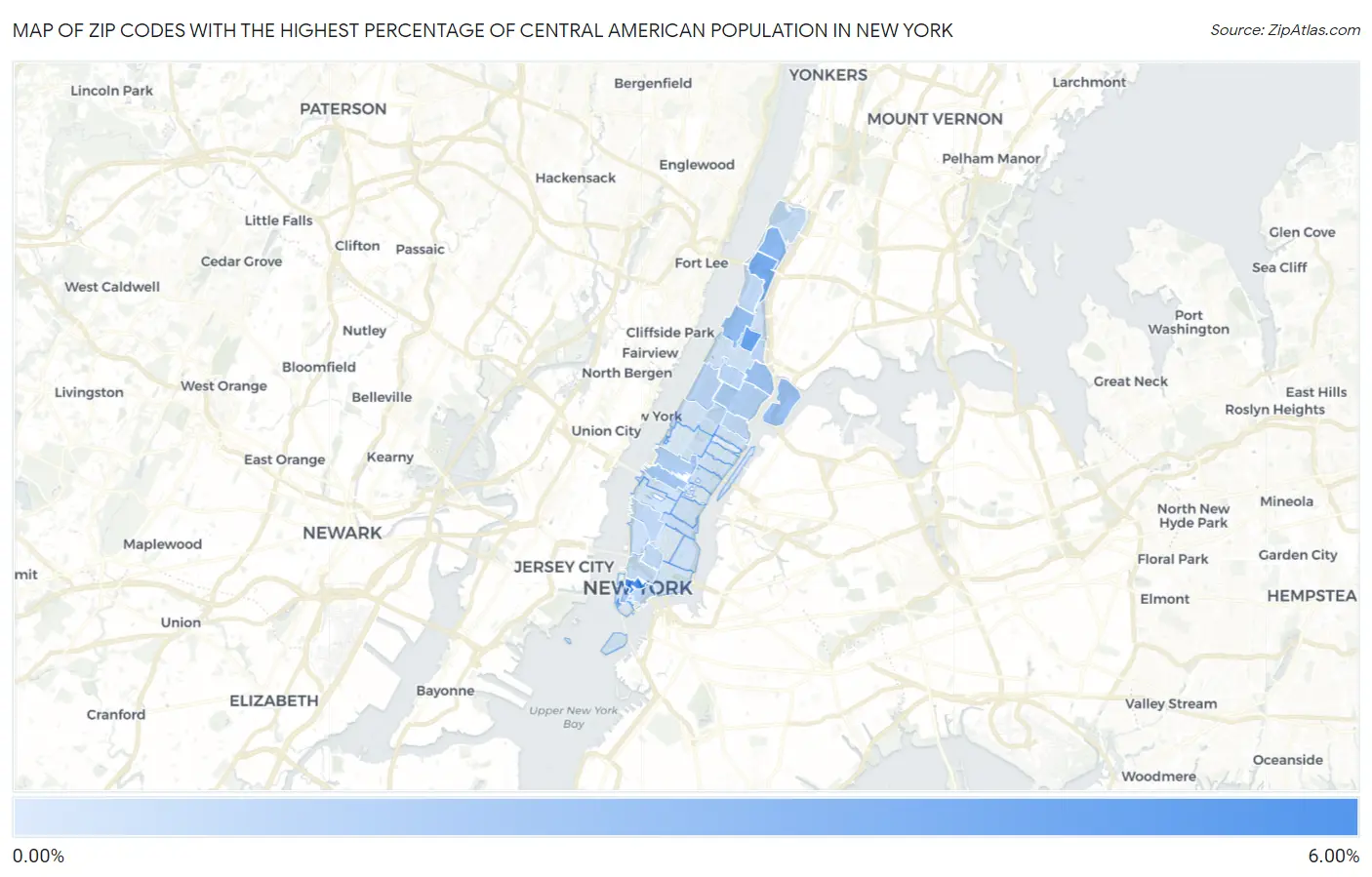 Zip Codes with the Highest Percentage of Central American Population in New York Map