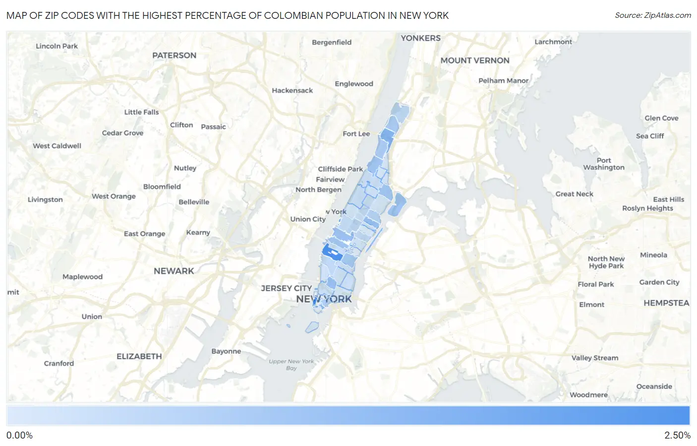 Zip Codes with the Highest Percentage of Colombian Population in New York Map
