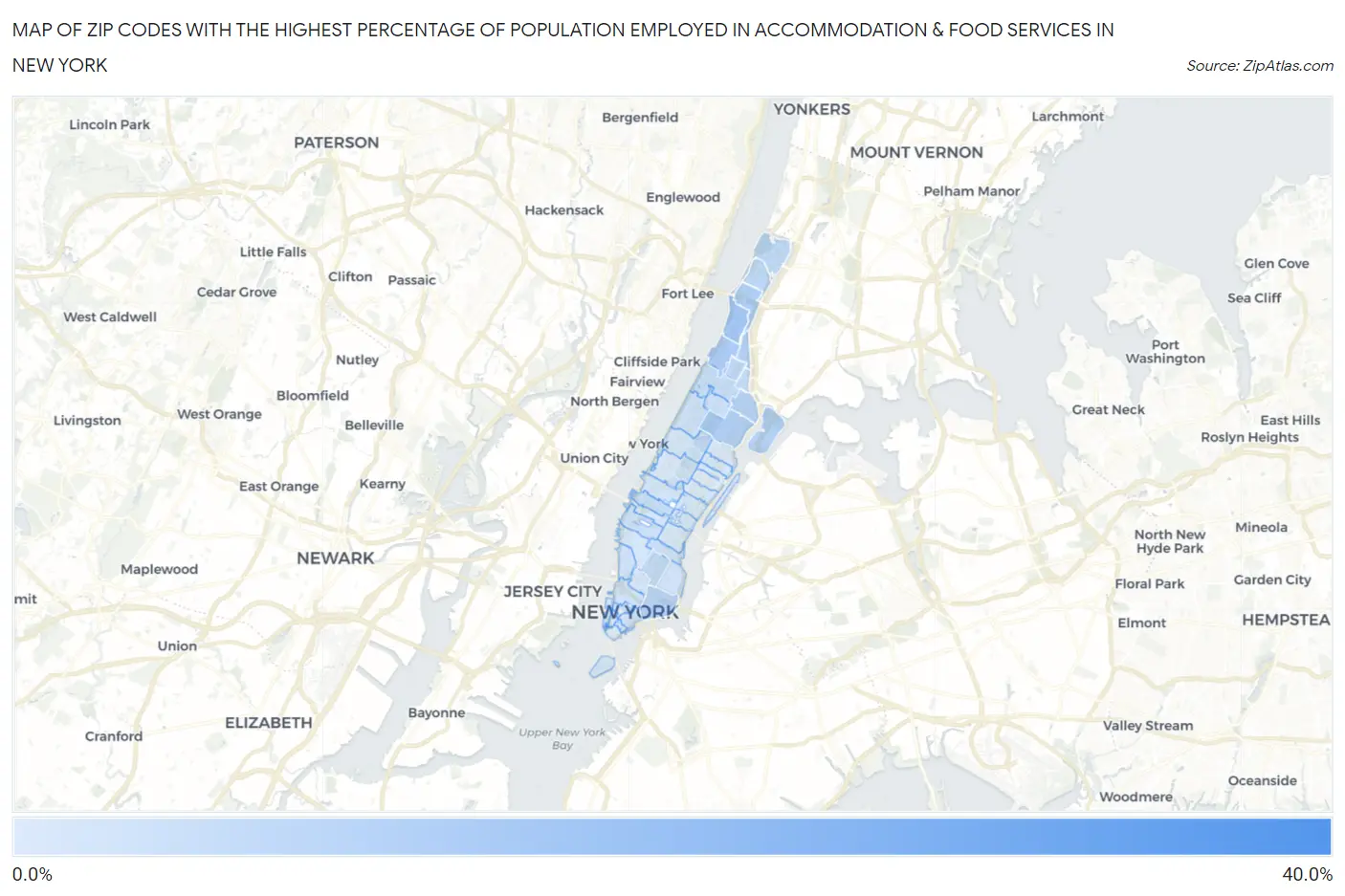 Zip Codes with the Highest Percentage of Population Employed in Accommodation & Food Services in New York Map