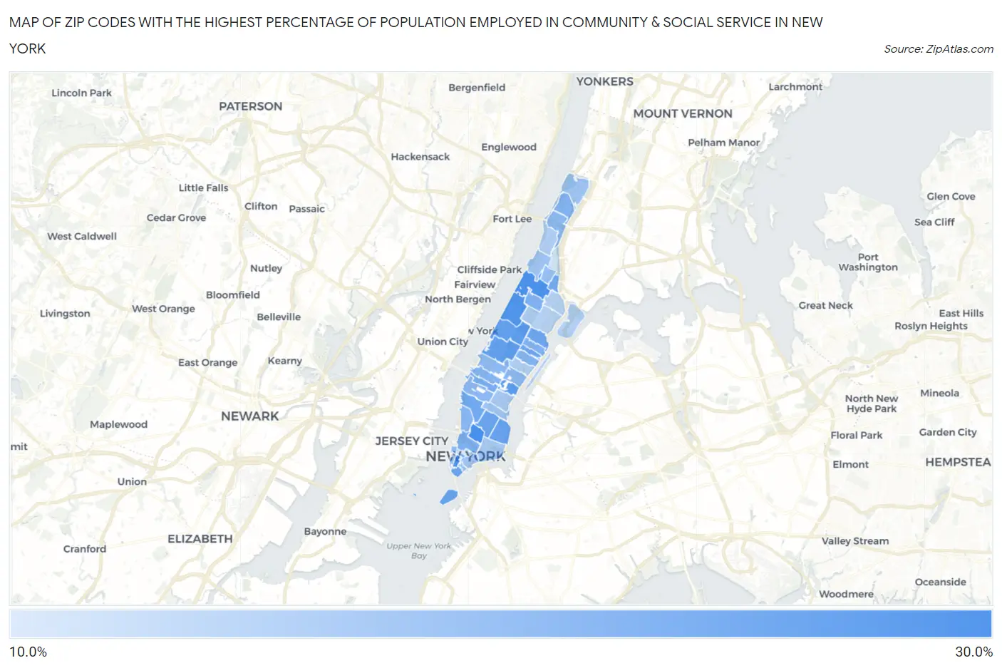 Zip Codes with the Highest Percentage of Population Employed in Community & Social Service  in New York Map