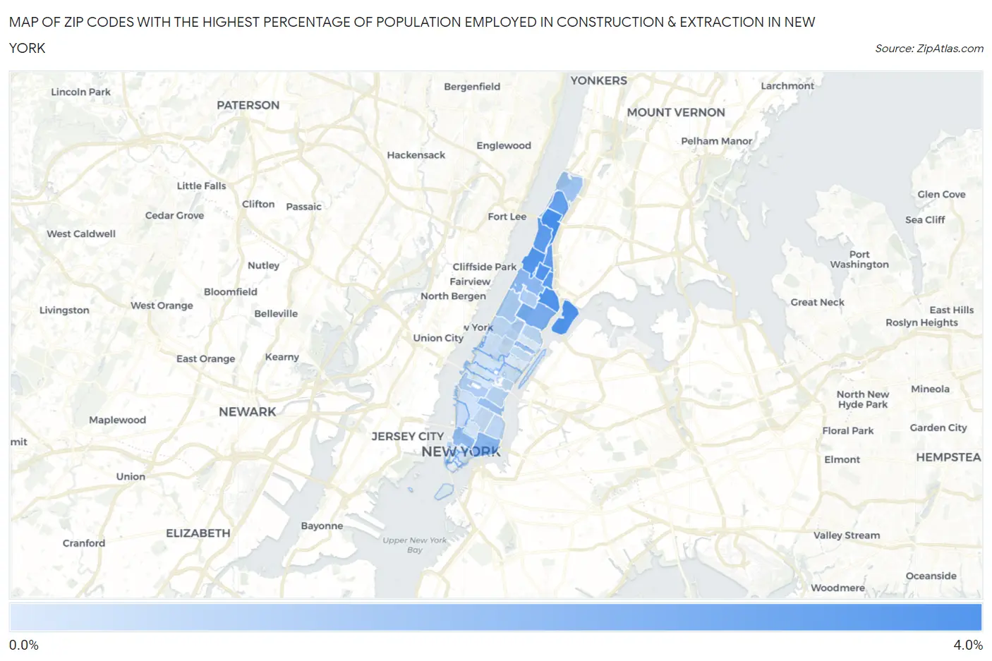 Zip Codes with the Highest Percentage of Population Employed in Construction & Extraction in New York Map