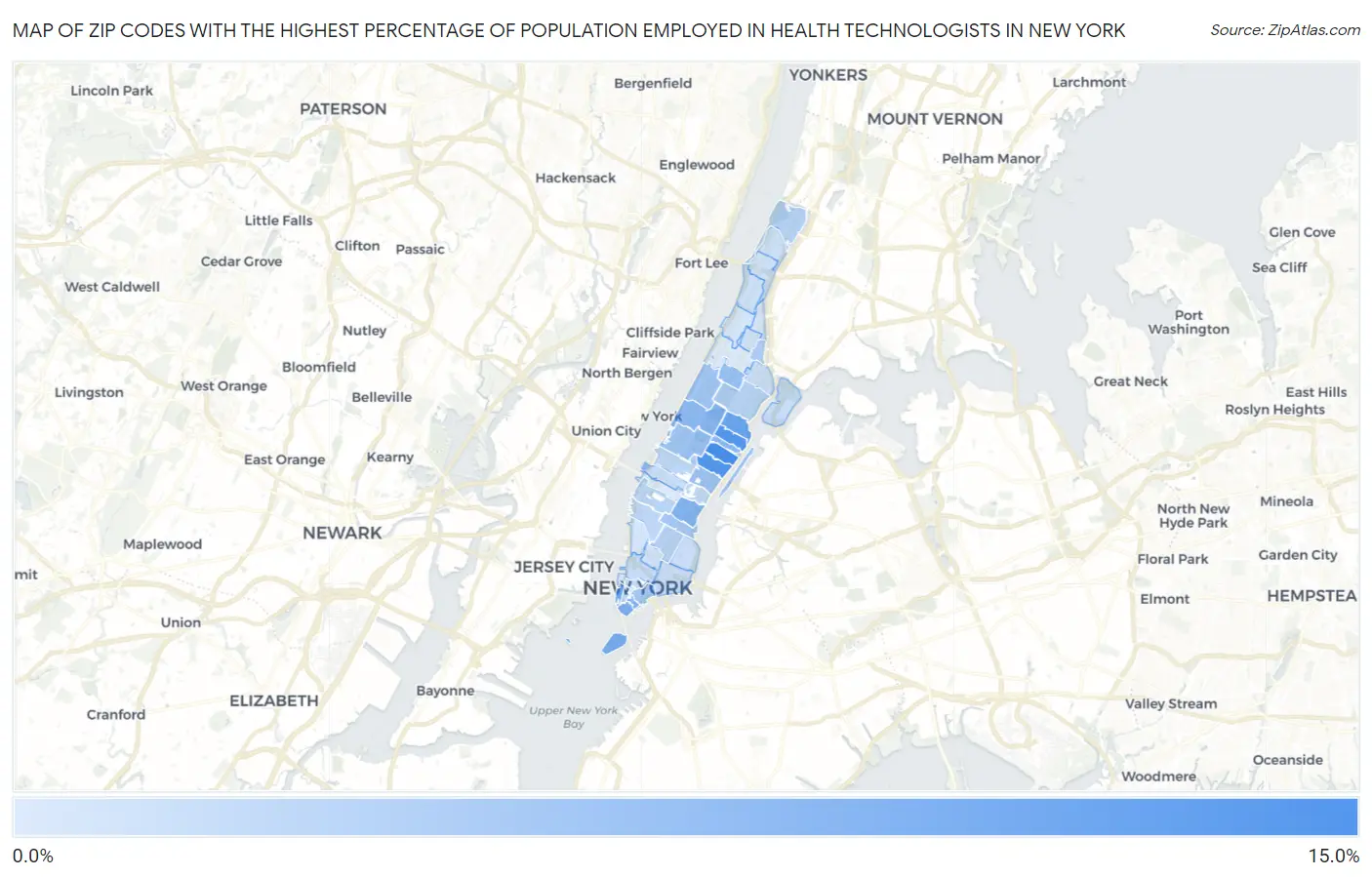 Zip Codes with the Highest Percentage of Population Employed in Health Technologists in New York Map