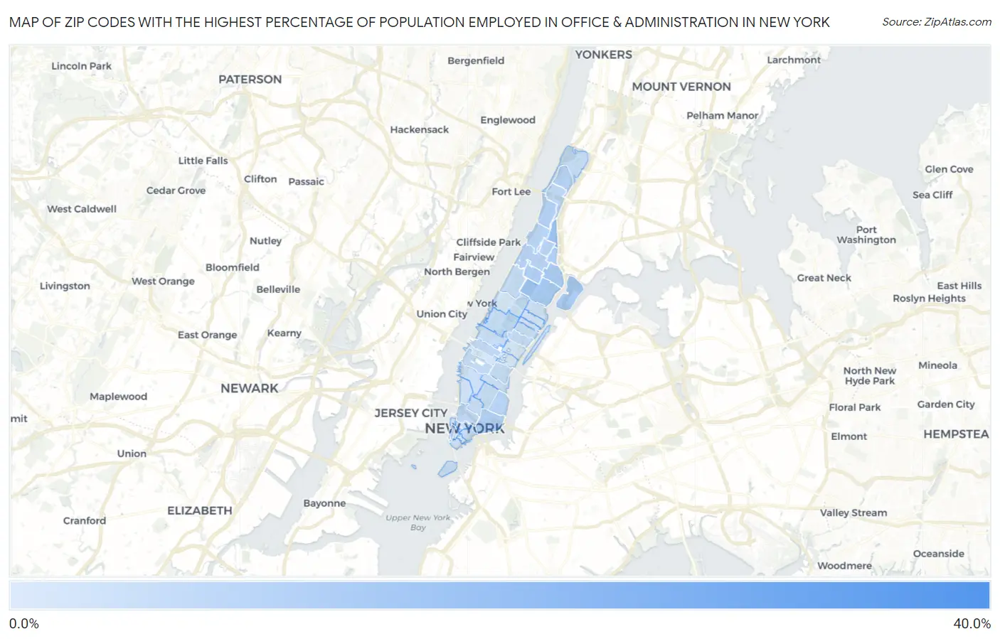Zip Codes with the Highest Percentage of Population Employed in Office & Administration in New York Map