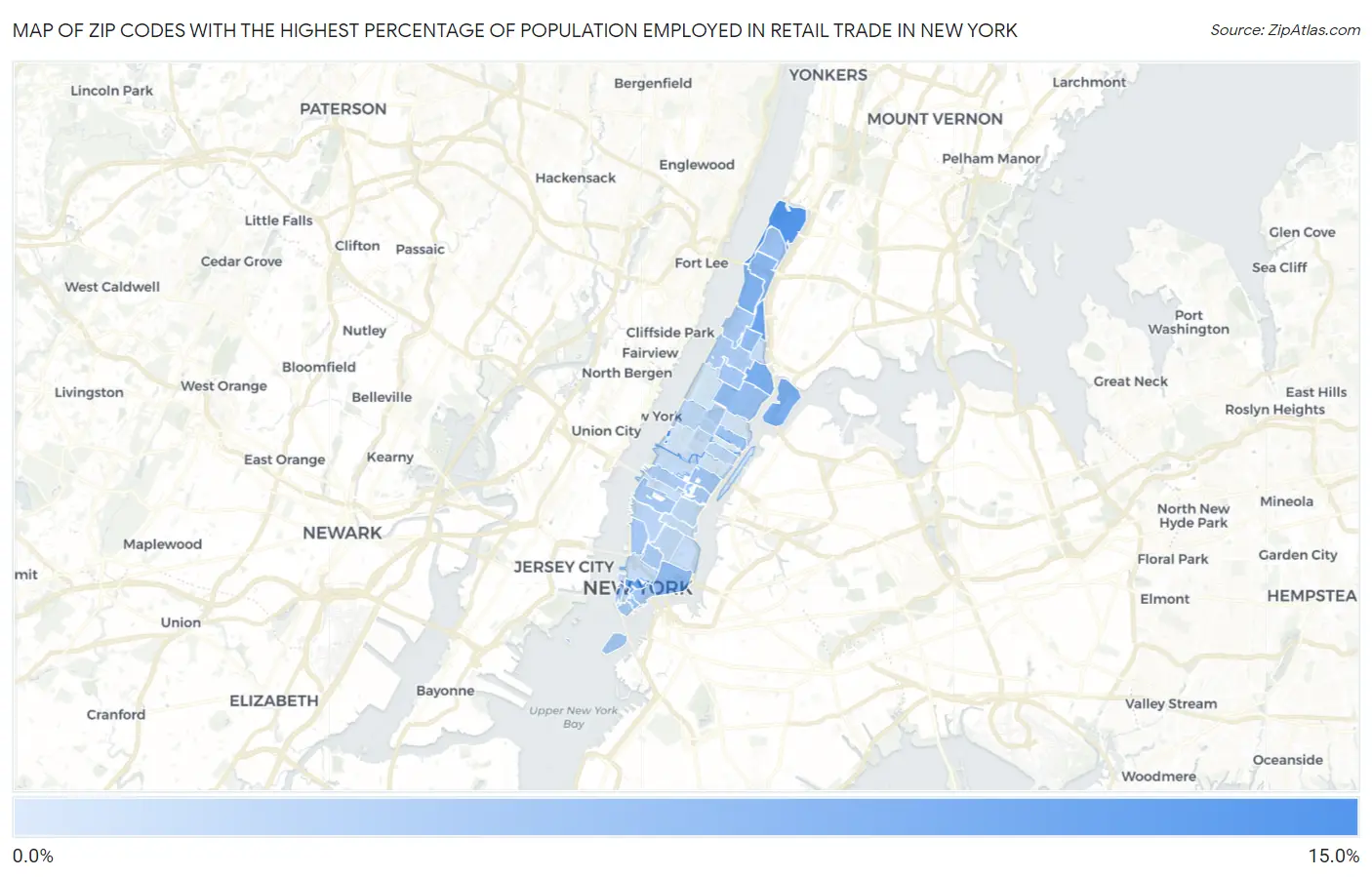 Zip Codes with the Highest Percentage of Population Employed in Retail Trade in New York Map