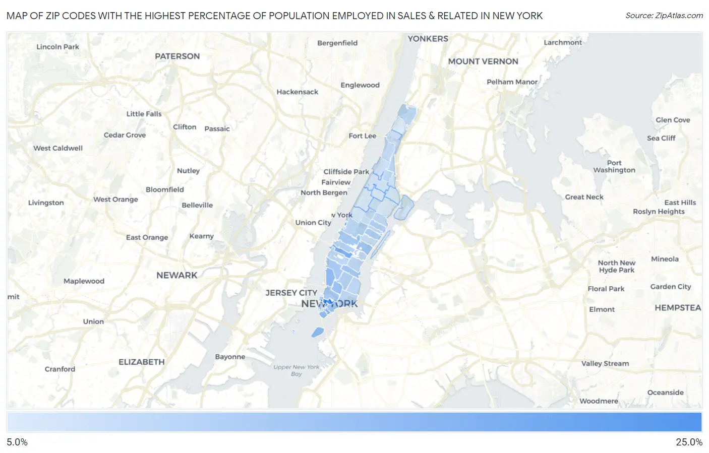 Zip Codes with the Highest Percentage of Population Employed in Sales & Related in New York Map