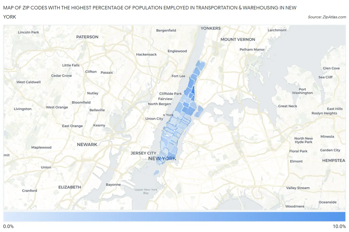 Zip Codes with the Highest Percentage of Population Employed in Transportation & Warehousing in New York Map