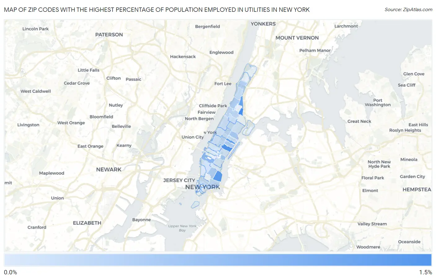 Zip Codes with the Highest Percentage of Population Employed in Utilities in New York Map