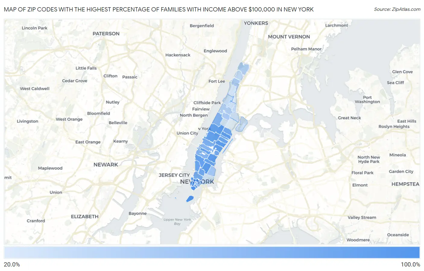 Zip Codes with the Highest Percentage of Families with Income Above $100,000 in New York Map