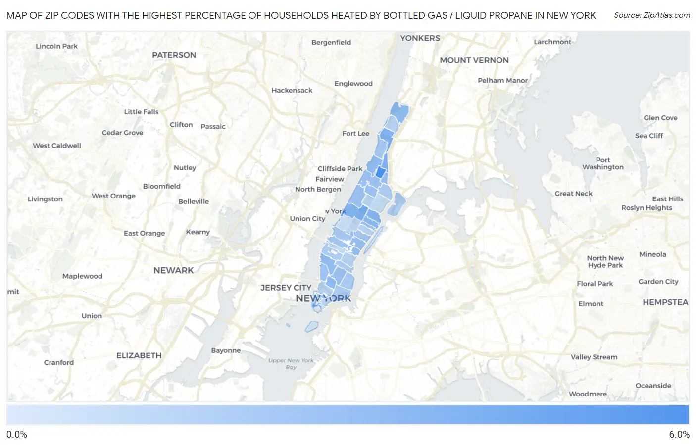 Zip Codes with the Highest Percentage of Households Heated by Bottled Gas / Liquid Propane in New York Map