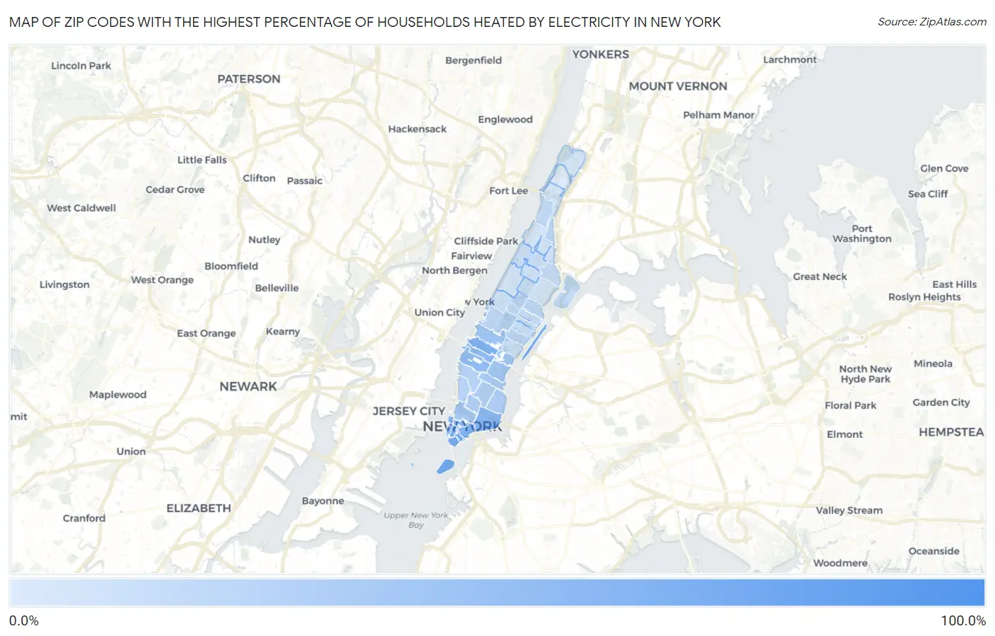 Zip Codes with the Highest Percentage of Households Heated by Electricity in New York Map