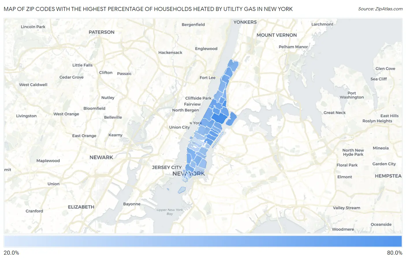Zip Codes with the Highest Percentage of Households Heated by Utility Gas in New York Map