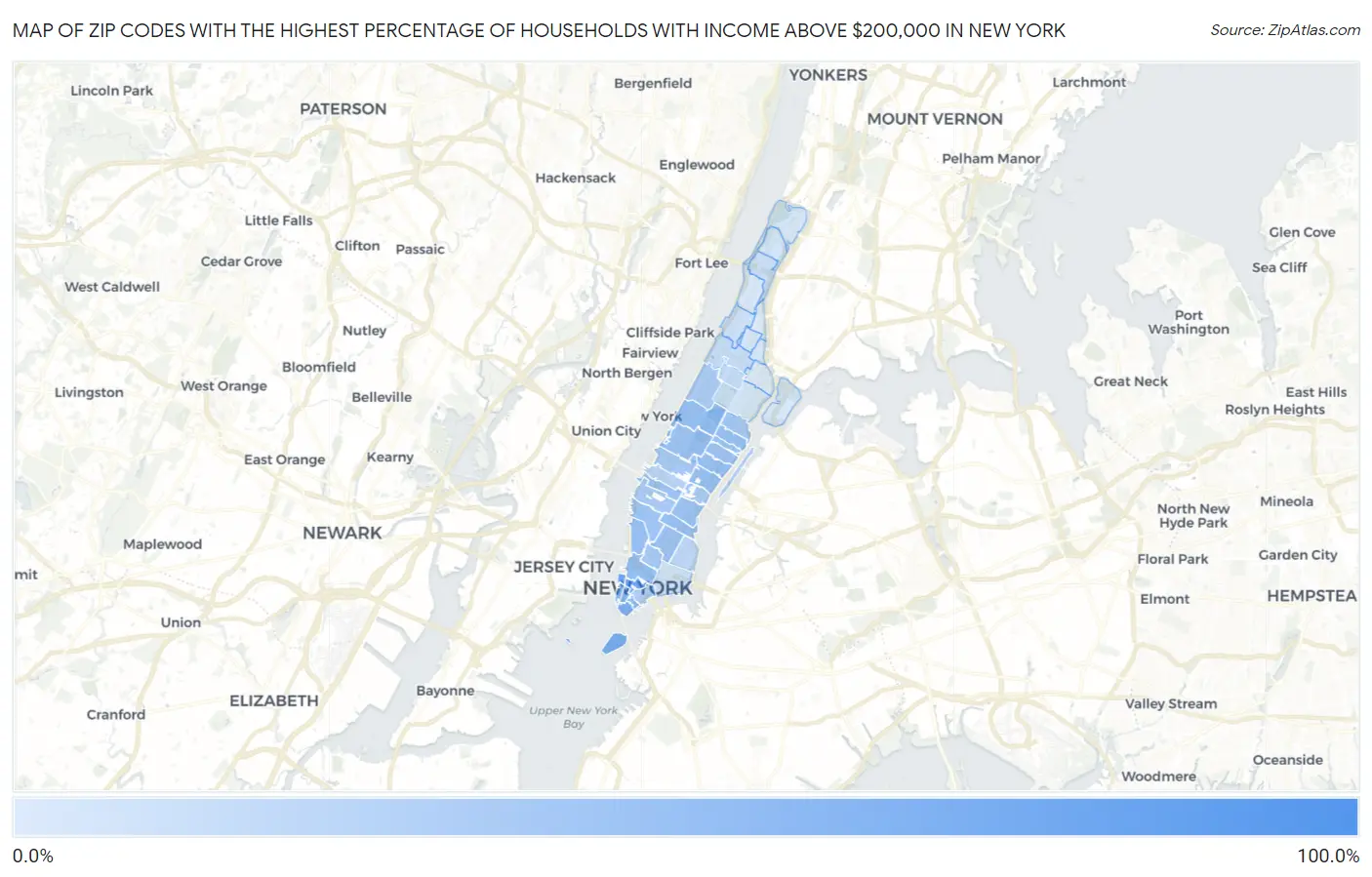 Zip Codes with the Highest Percentage of Households with Income Above $200,000 in New York Map