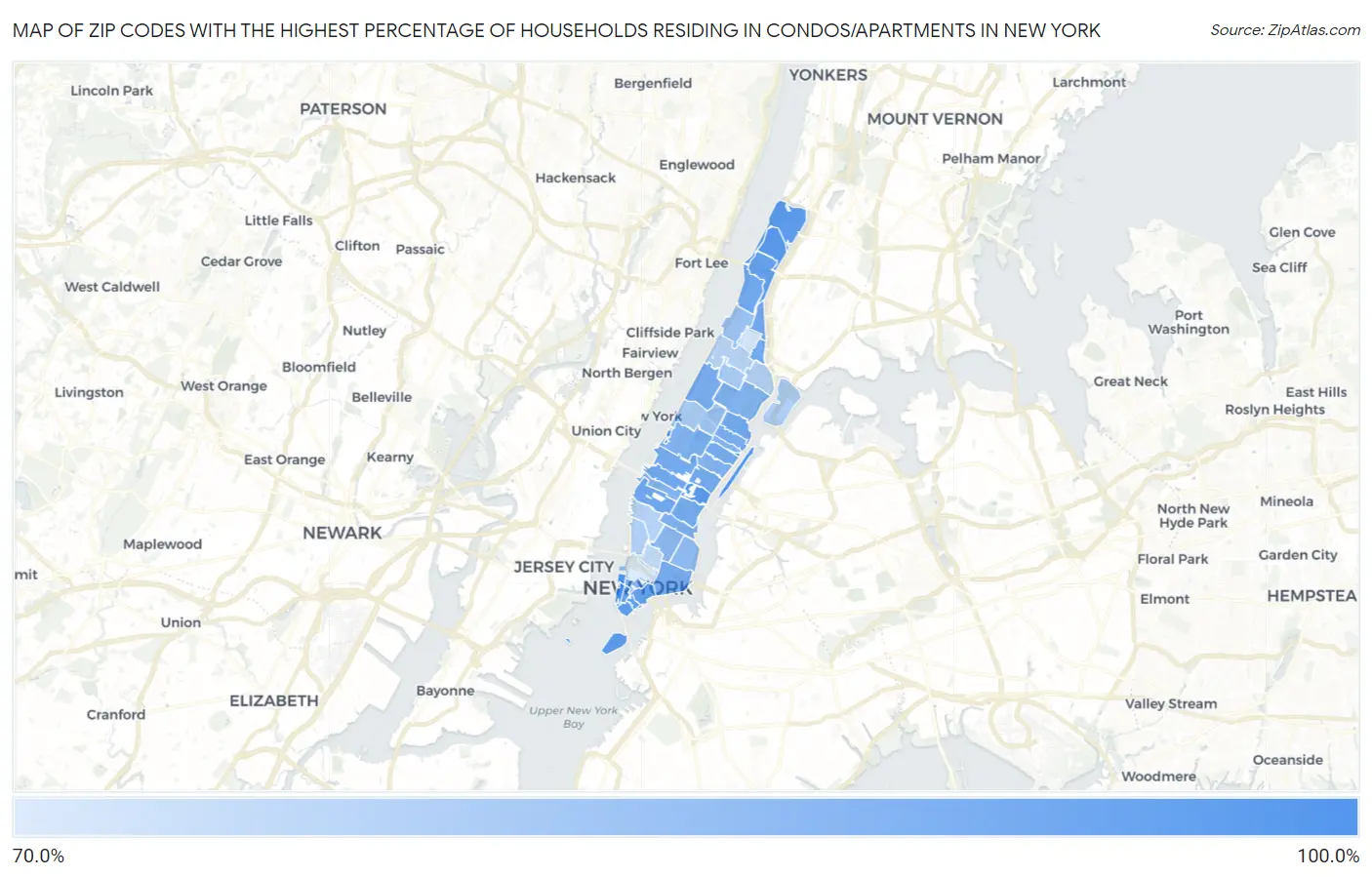 Zip Codes with the Highest Percentage of Households Residing in Condos/Apartments in New York Map