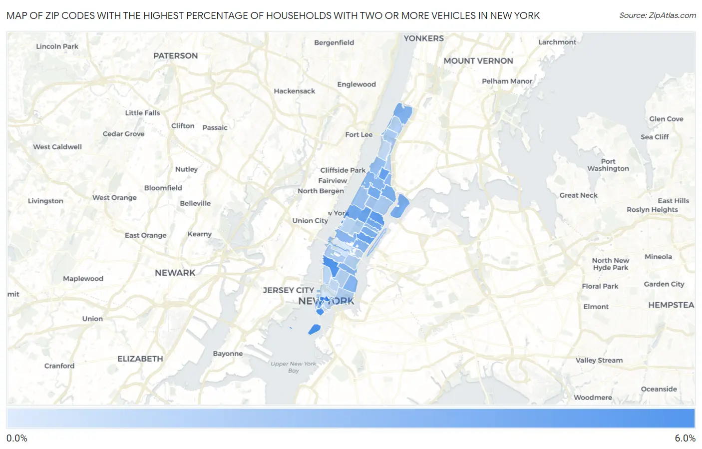Zip Codes with the Highest Percentage of Households With Two or more Vehicles in New York Map