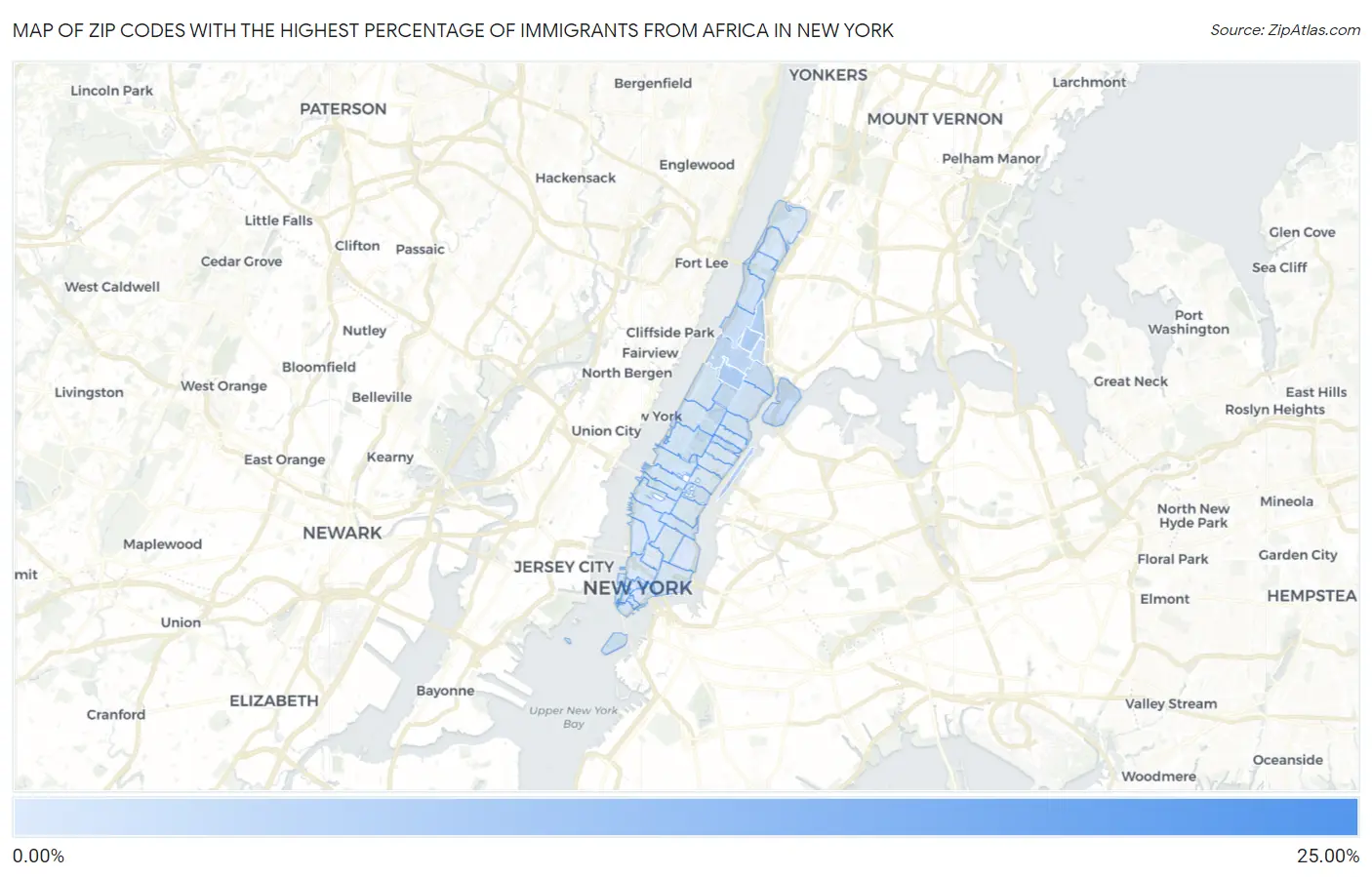 Zip Codes with the Highest Percentage of Immigrants from Africa in New York Map