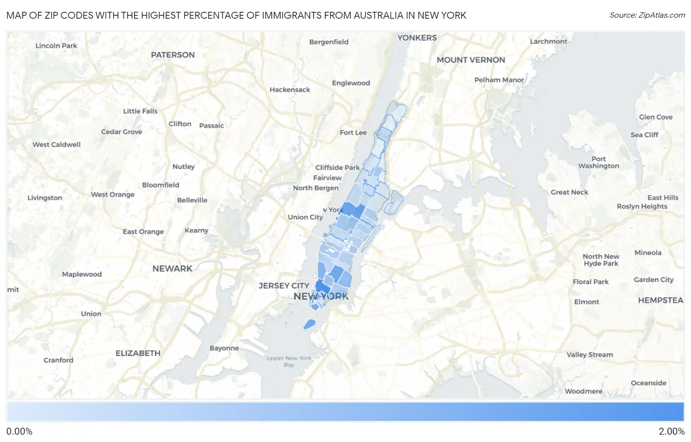 Zip Codes with the Highest Percentage of Immigrants from Australia in New York Map