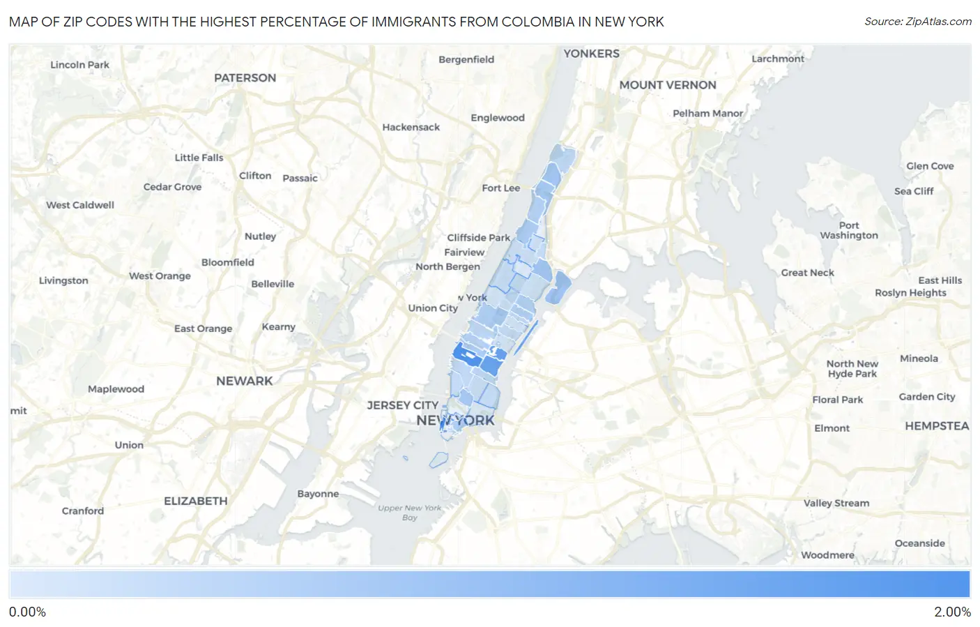 Zip Codes with the Highest Percentage of Immigrants from Colombia in New York Map