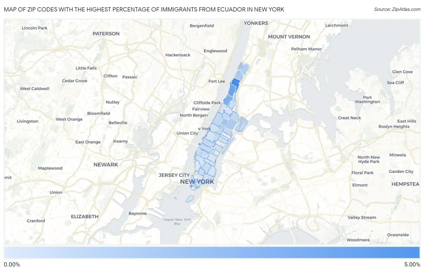 Zip Codes with the Highest Percentage of Immigrants from Ecuador in New York Map