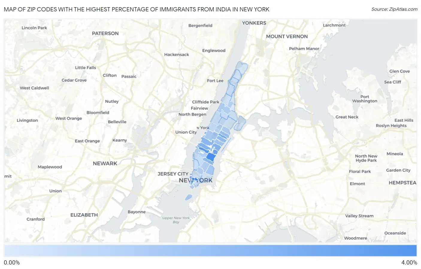 Zip Codes with the Highest Percentage of Immigrants from India in New York Map