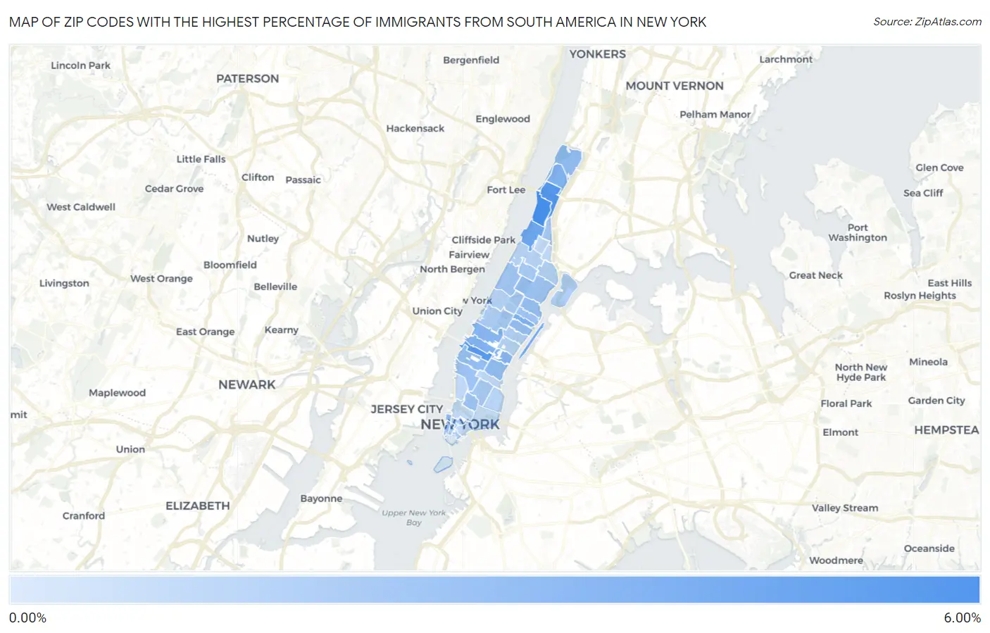 Zip Codes with the Highest Percentage of Immigrants from South America in New York Map