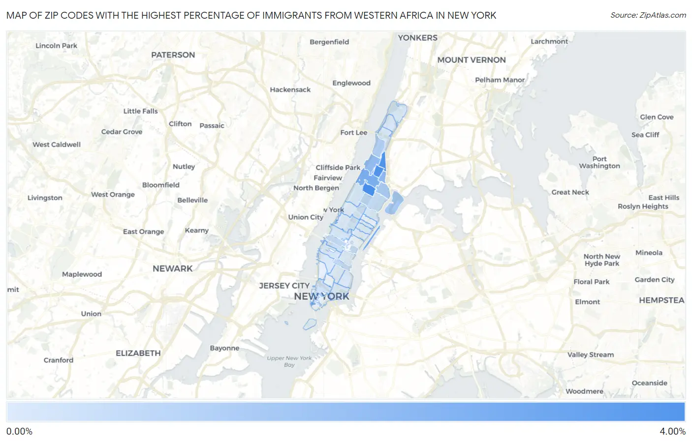 Zip Codes with the Highest Percentage of Immigrants from Western Africa in New York Map