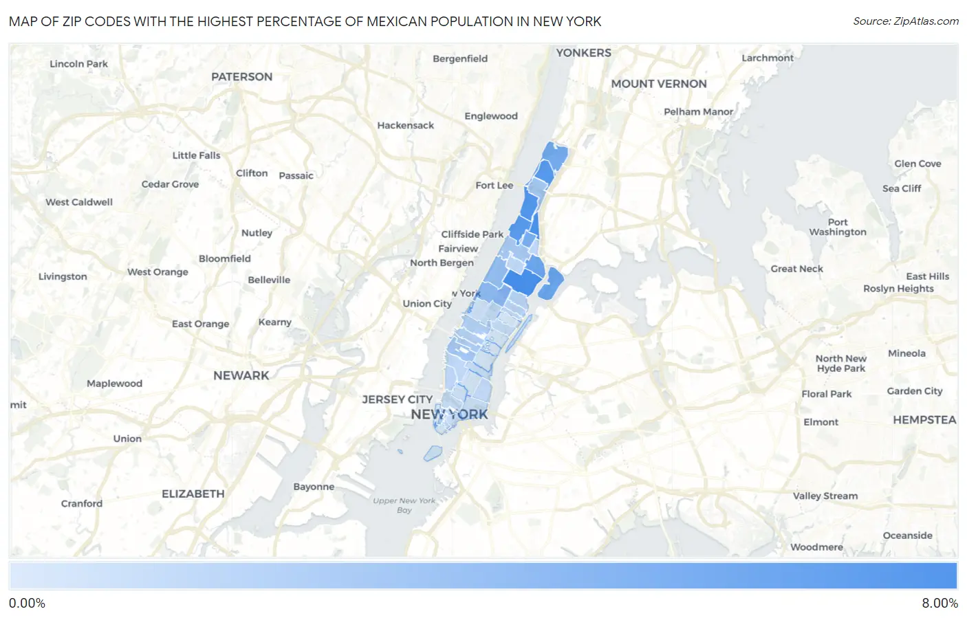 Zip Codes with the Highest Percentage of Mexican Population in New York Map