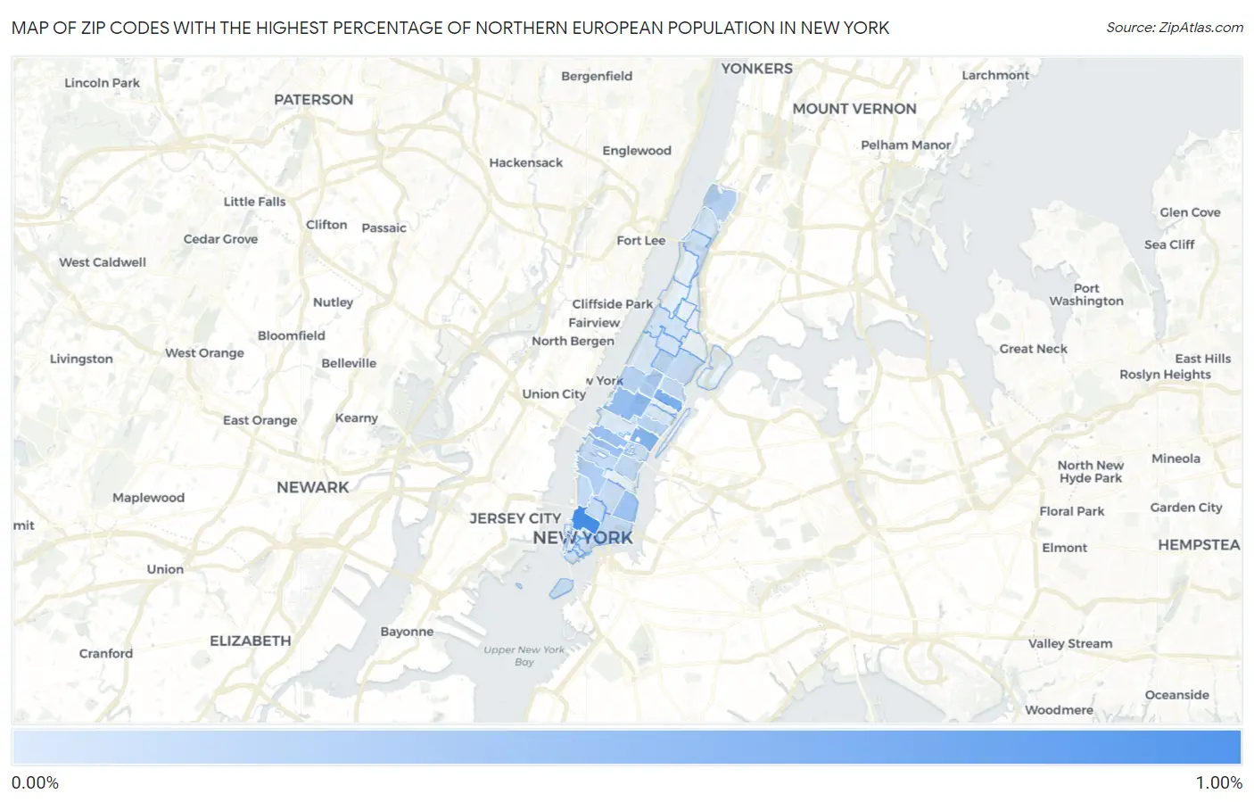 Zip Codes with the Highest Percentage of Northern European Population in New York Map