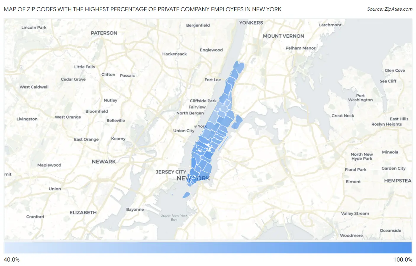 Zip Codes with the Highest Percentage of Private Company Employees in New York Map