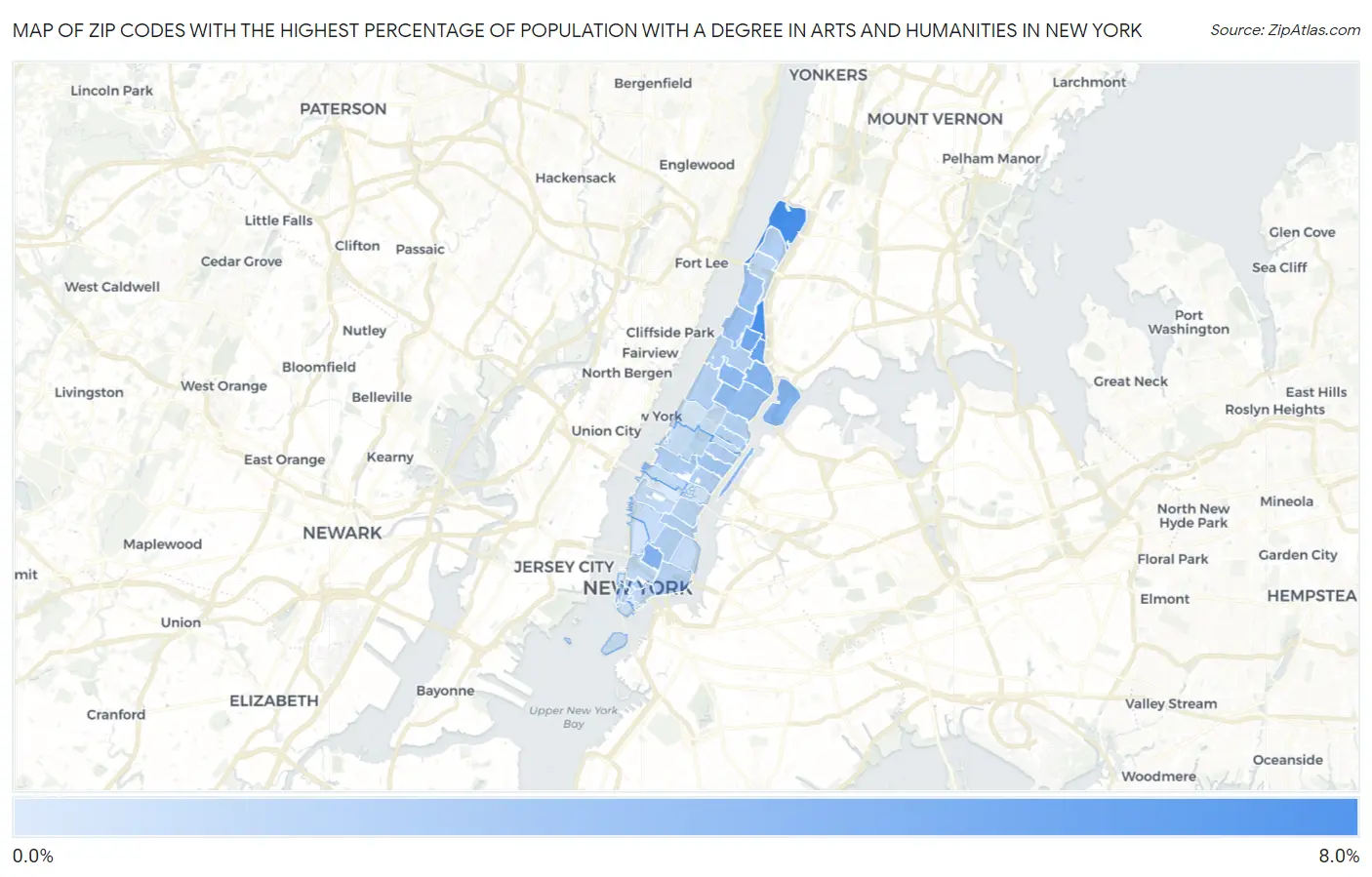 Zip Codes with the Highest Percentage of Population with a Degree in Arts and Humanities in New York Map