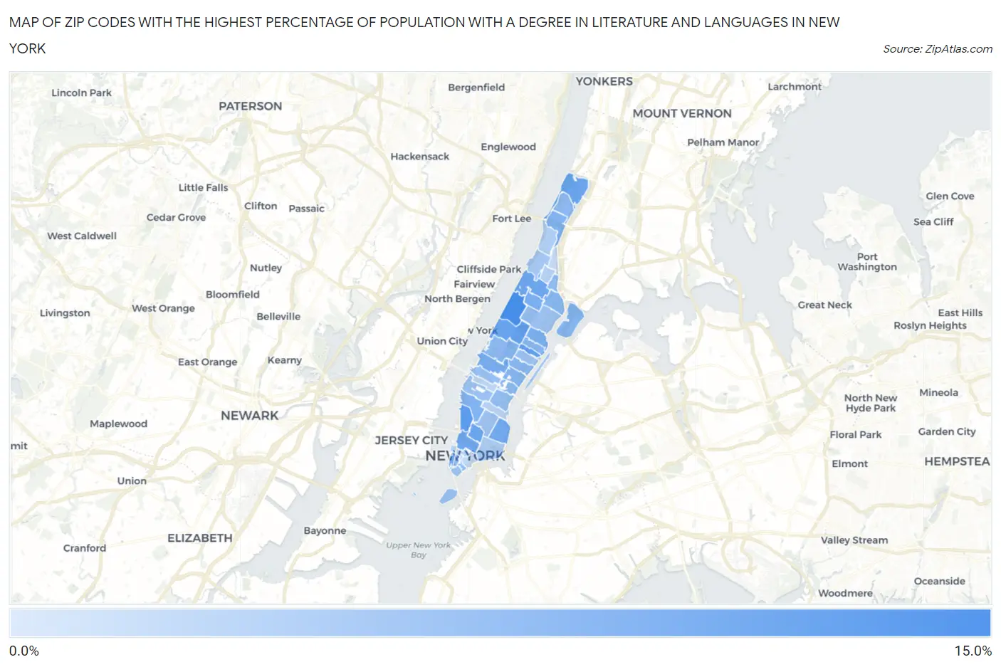 Zip Codes with the Highest Percentage of Population with a Degree in Literature and Languages in New York Map