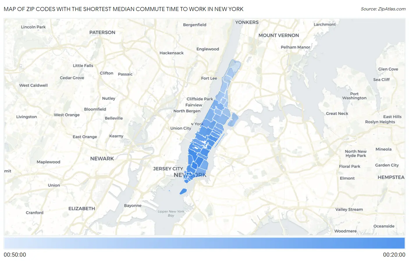 Zip Codes with the Shortest Median Commute Time to Work in New York Map