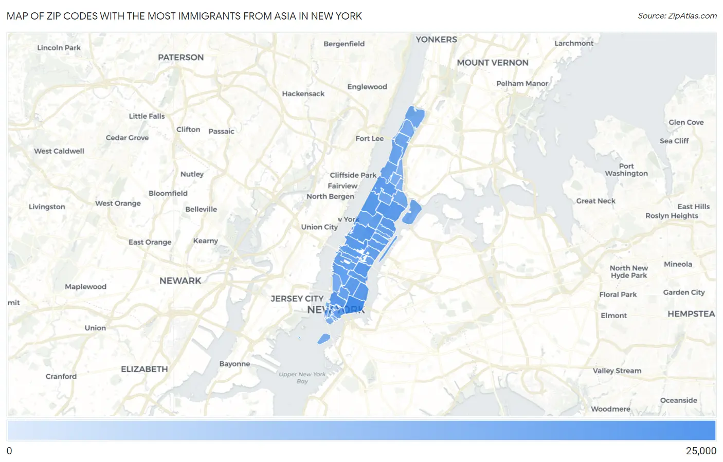 Zip Codes with the Most Immigrants from Asia in New York Map