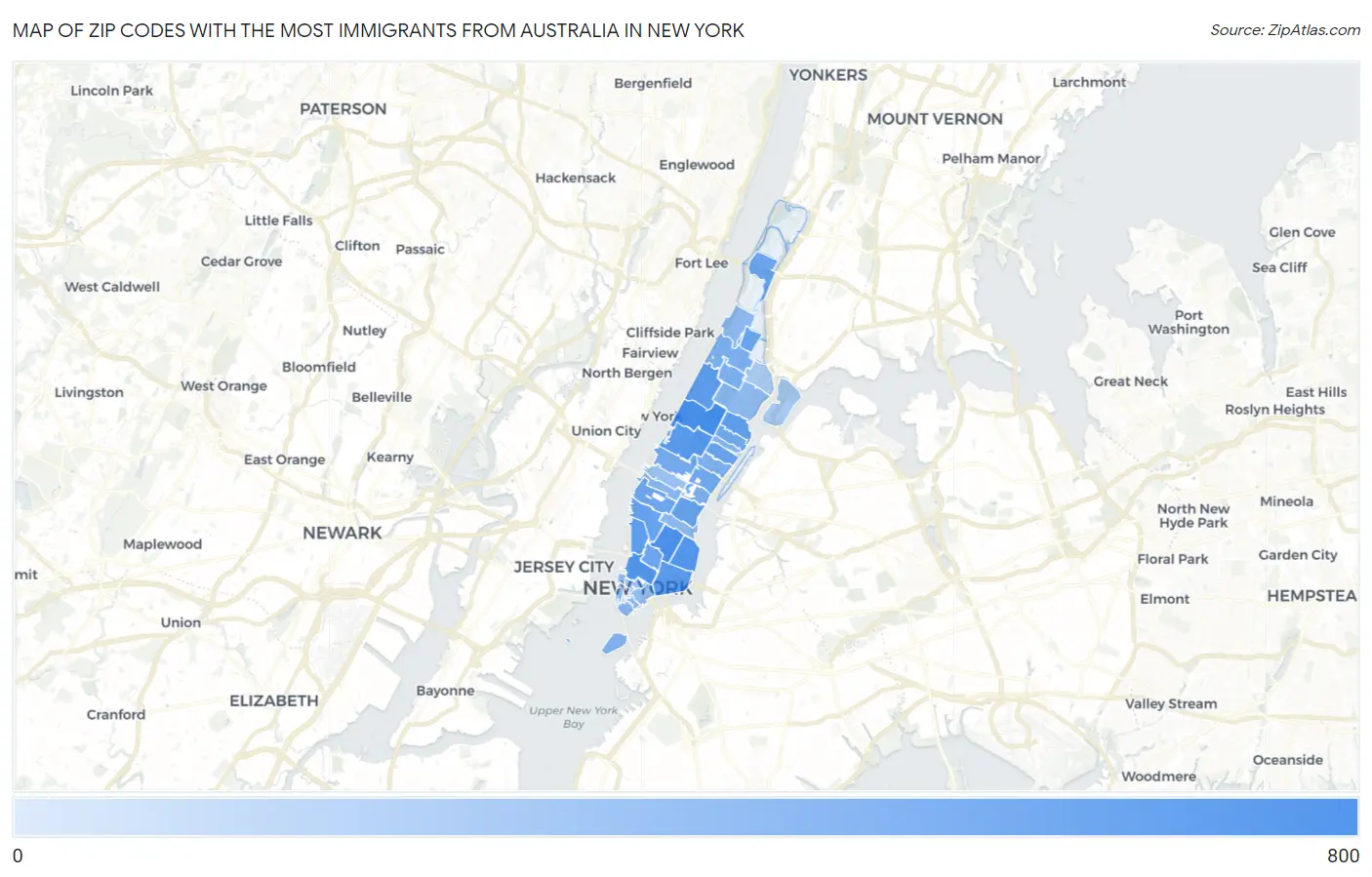 Zip Codes with the Most Immigrants from Australia in New York Map