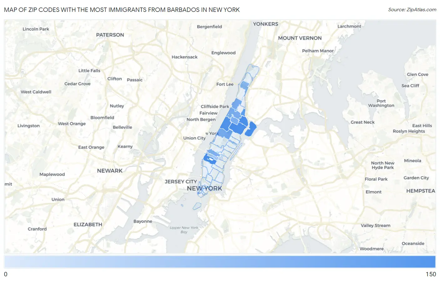 Zip Codes with the Most Immigrants from Barbados in New York Map