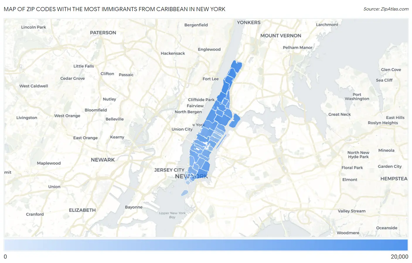 Zip Codes with the Most Immigrants from Caribbean in New York Map