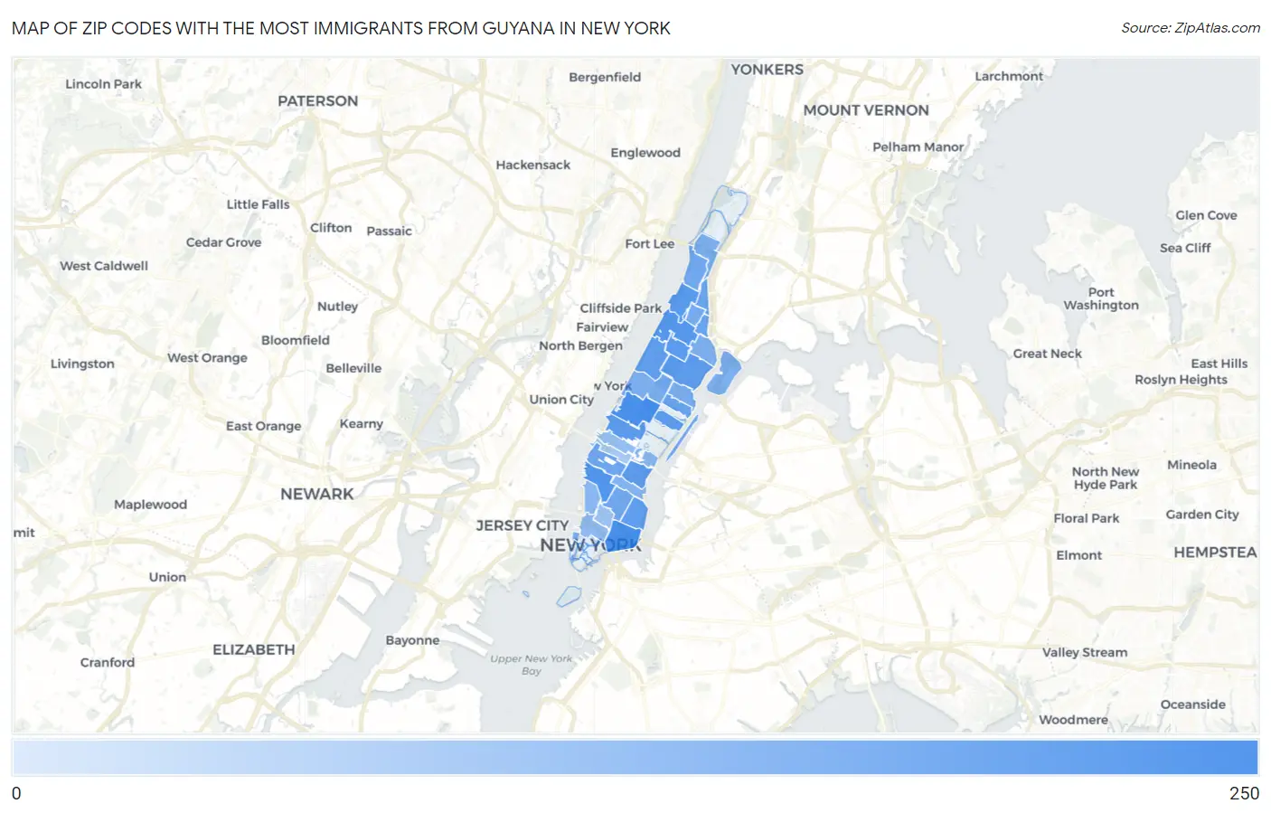 Zip Codes with the Most Immigrants from Guyana in New York Map