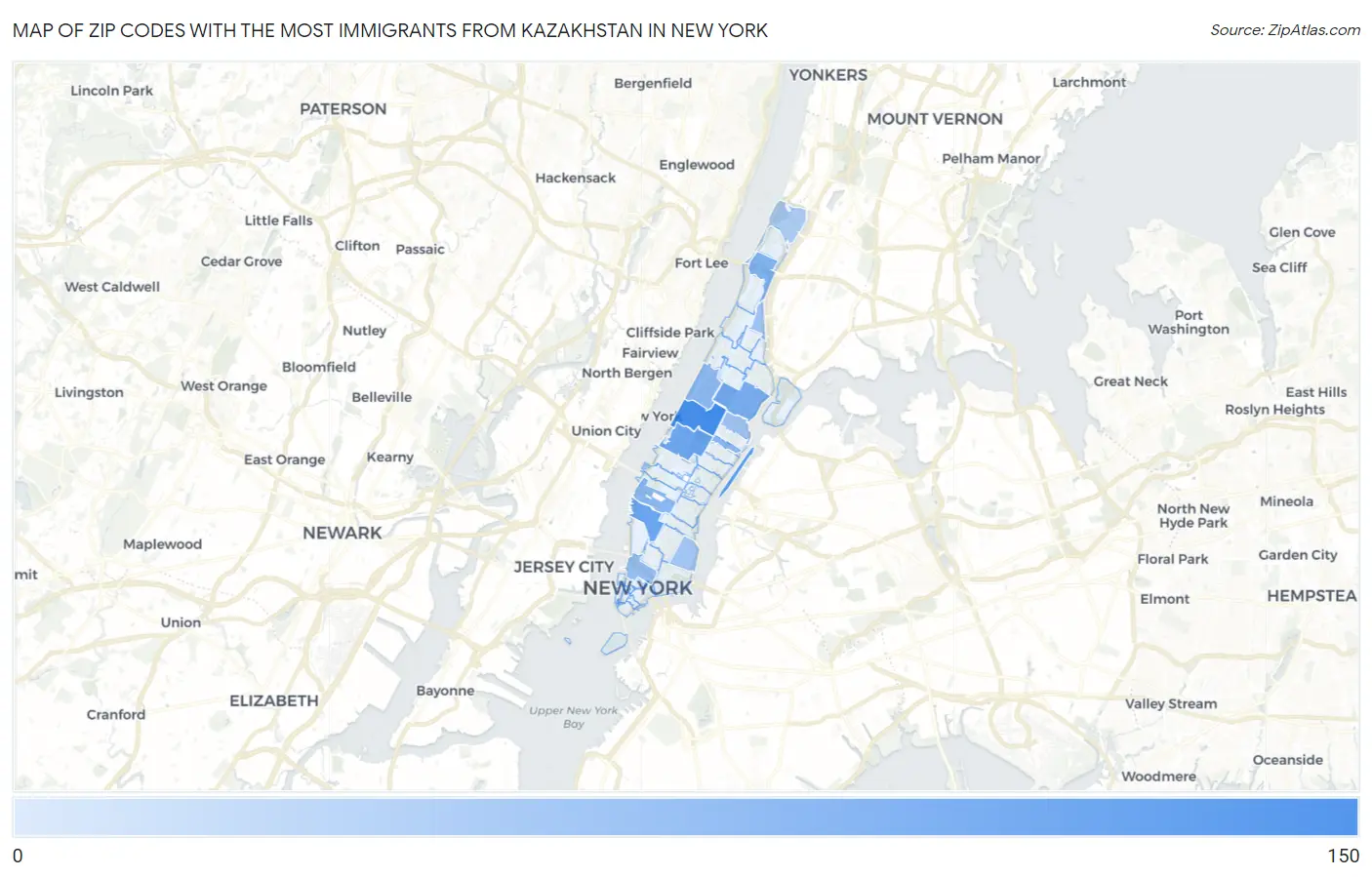 Zip Codes with the Most Immigrants from Kazakhstan in New York Map