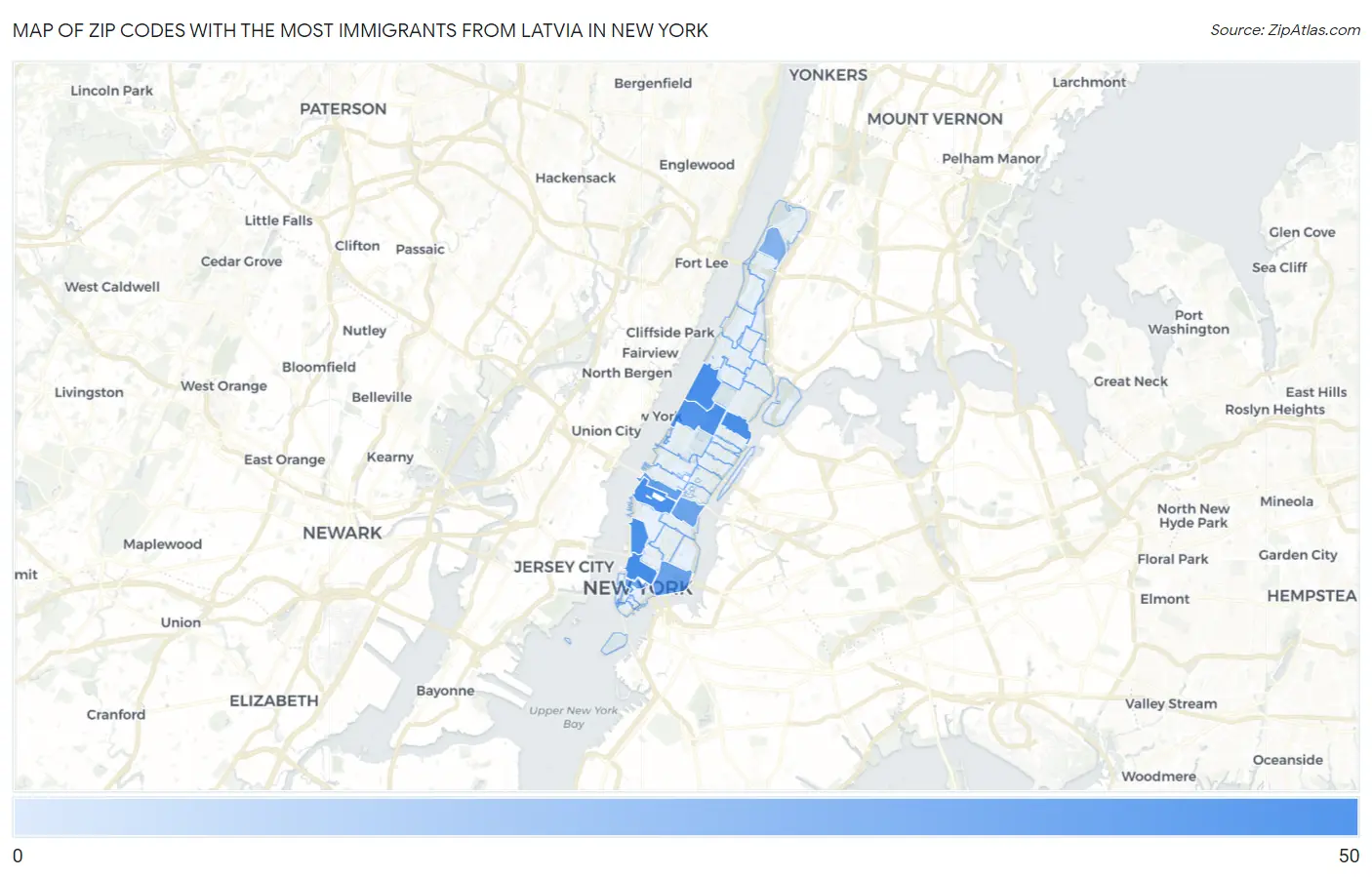 Zip Codes with the Most Immigrants from Latvia in New York Map