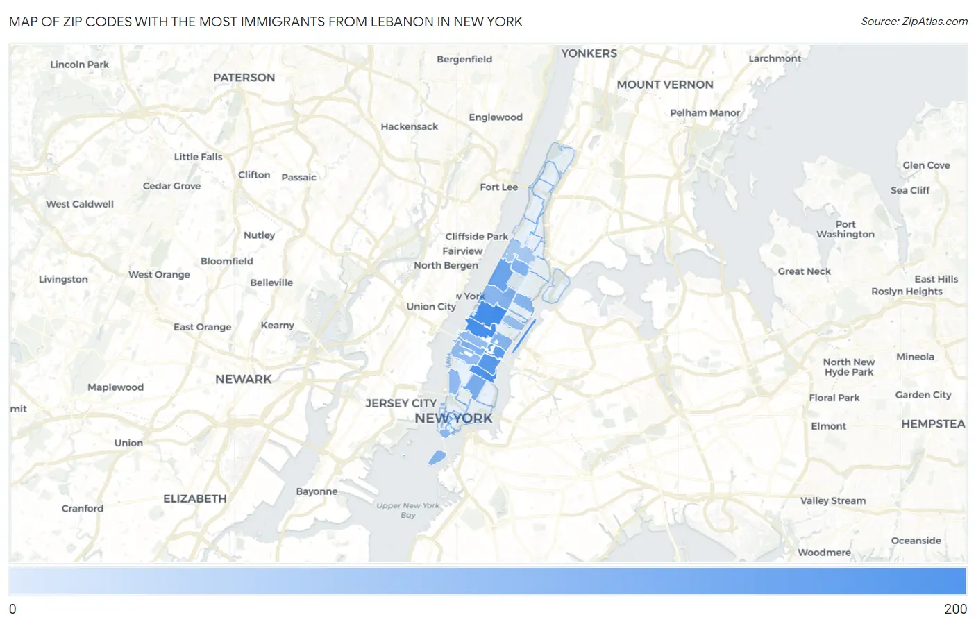 Zip Codes with the Most Immigrants from Lebanon in New York Map