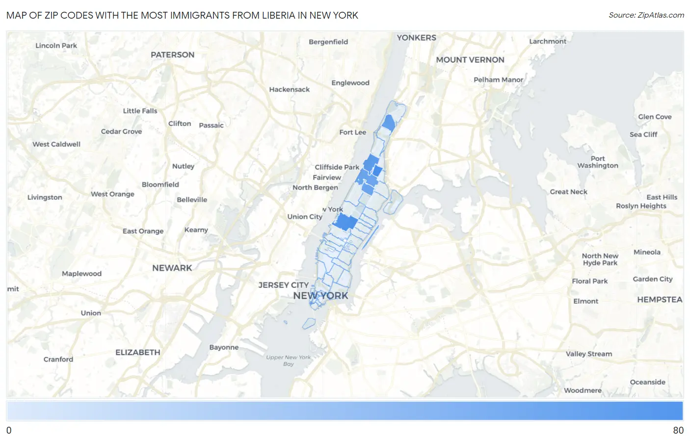 Zip Codes with the Most Immigrants from Liberia in New York Map