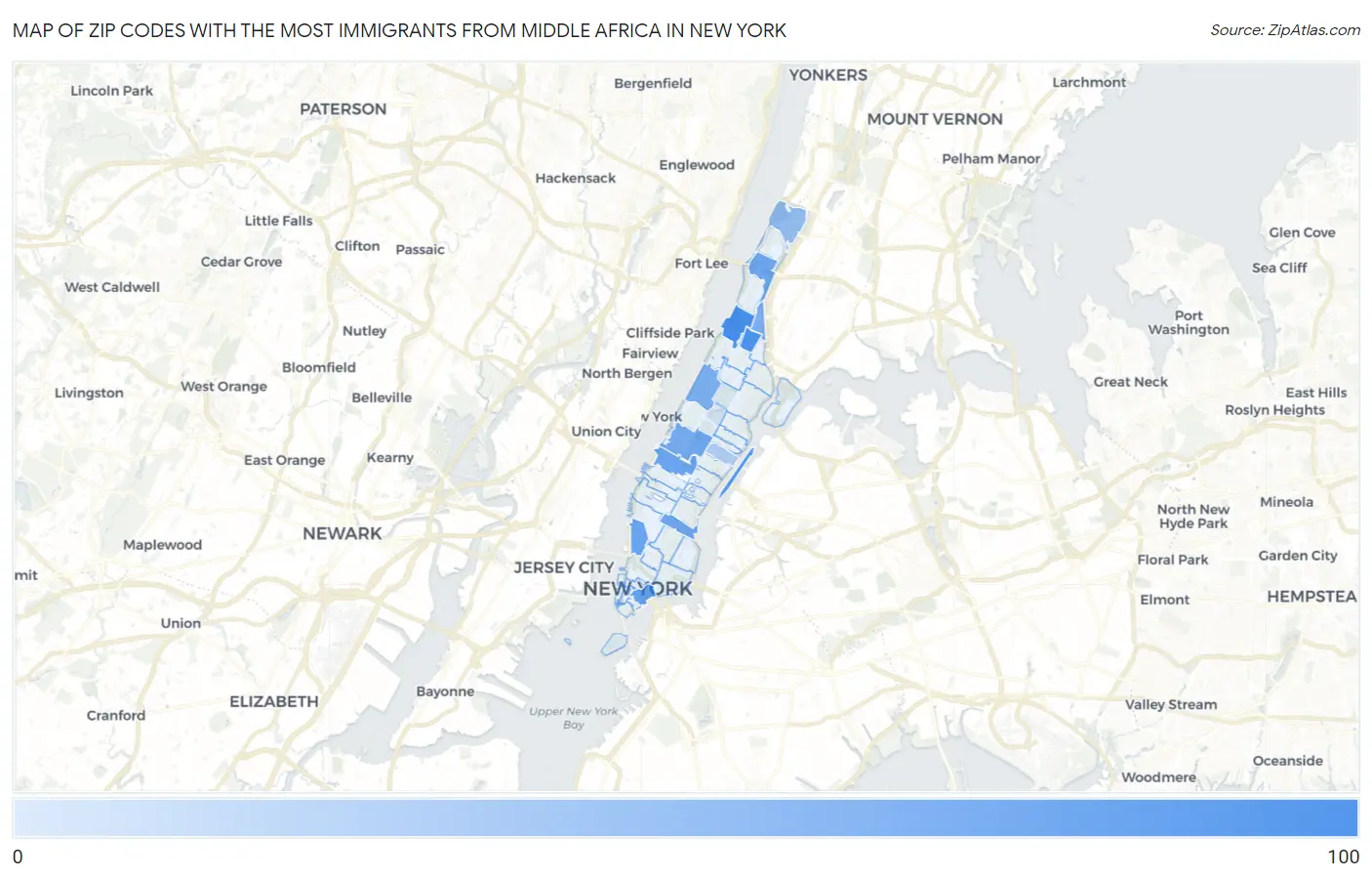 Zip Codes with the Most Immigrants from Middle Africa in New York Map