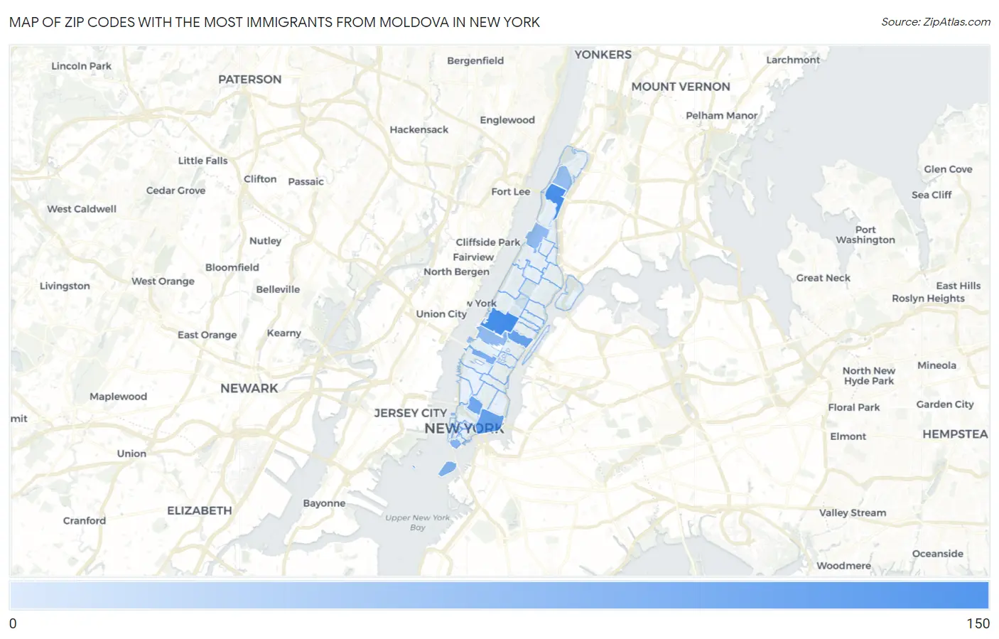 Zip Codes with the Most Immigrants from Moldova in New York Map