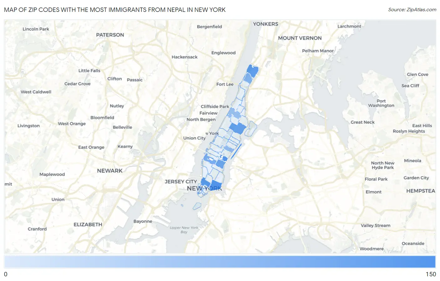 Zip Codes with the Most Immigrants from Nepal in New York Map
