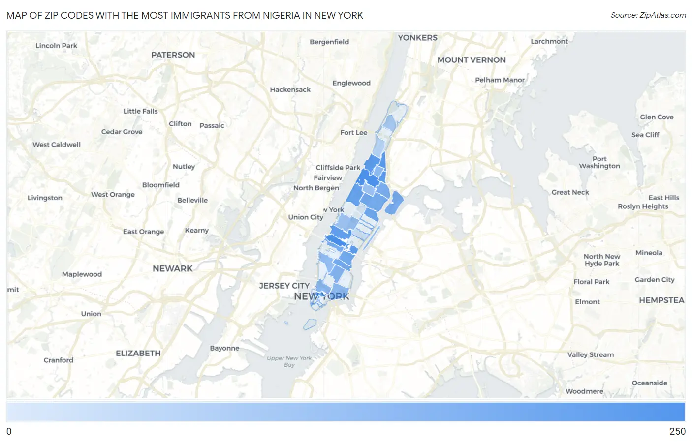 Zip Codes with the Most Immigrants from Nigeria in New York Map