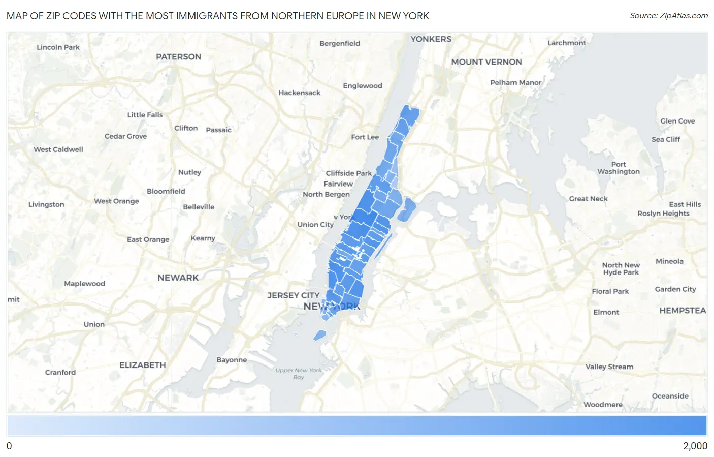 Zip Codes with the Most Immigrants from Northern Europe in New York Map