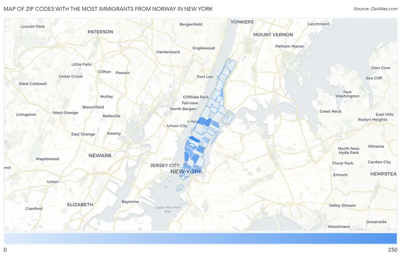 Zip Codes with the Most Immigrants from Norway in New York Map